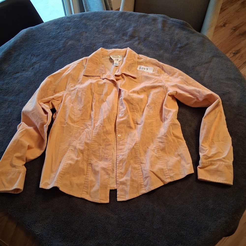 Talbots Stretch Corduroy Button Up Top Peach Orange Womens Size L Long Sleeve
